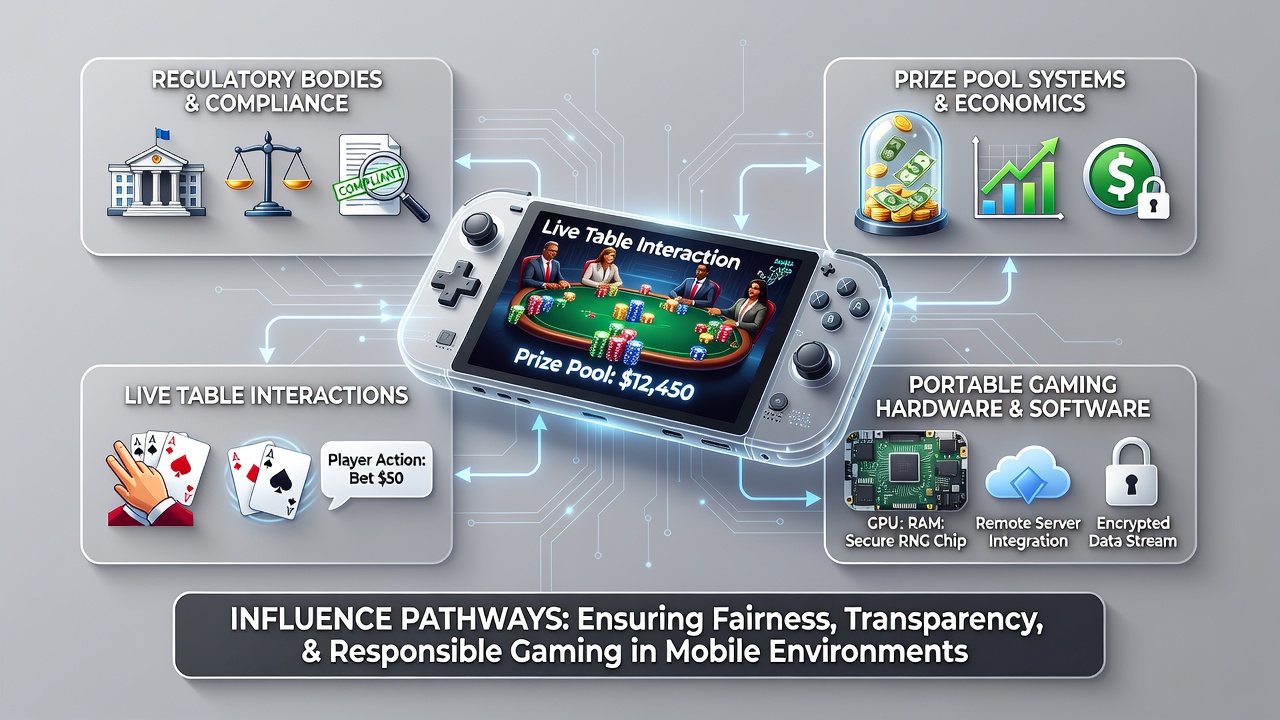 Regulatory compliance checklist displayed alongside a portable gaming setup with live dealer and prize pool visuals